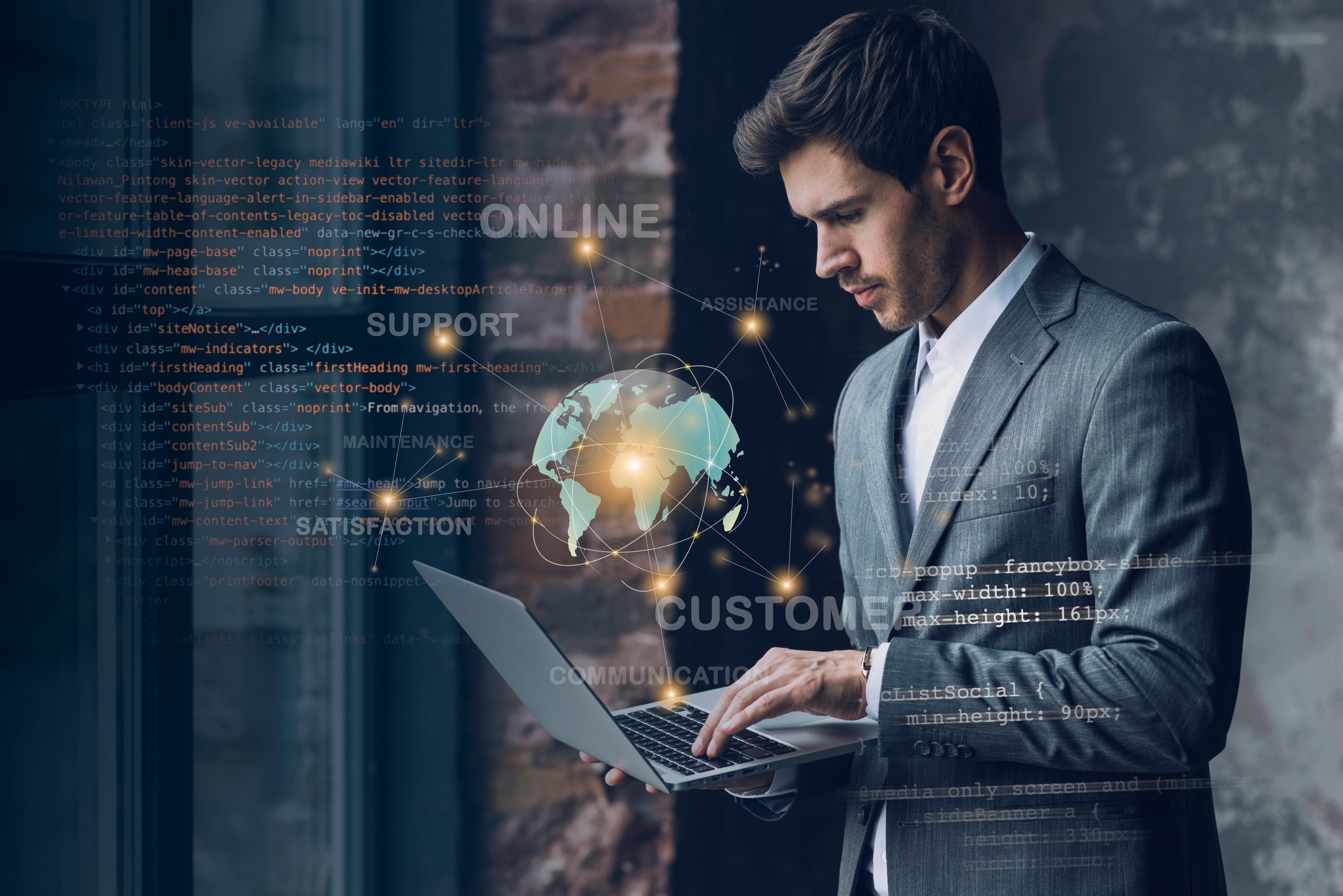 Professional working on a laptop surrounded by digital network graphics
